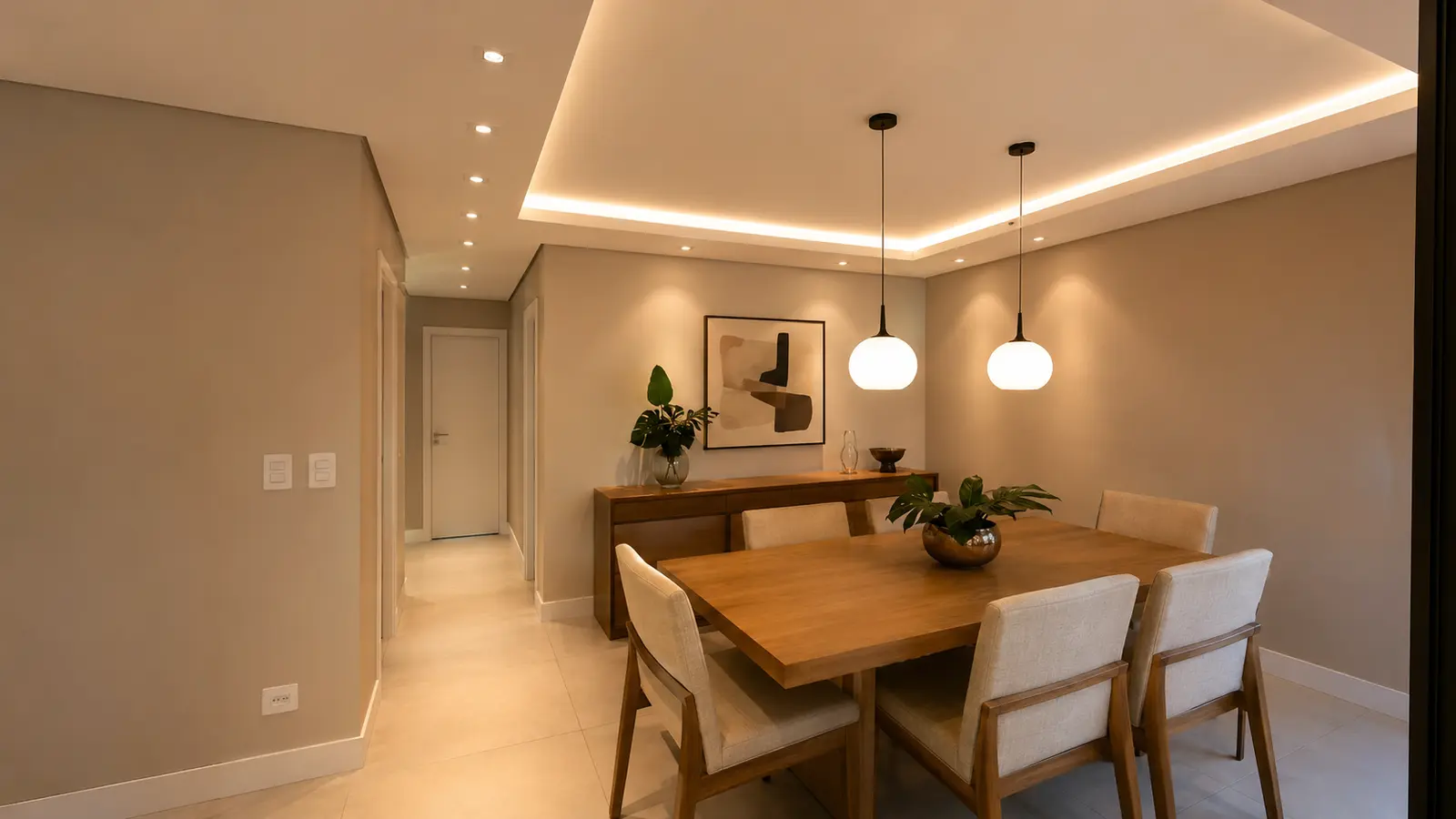 Sala de jantar com instalação elétrica integrada ao gesso