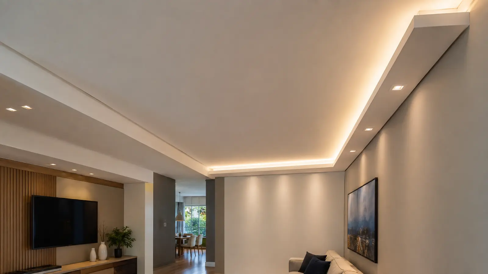 Moldura de gesso e sanca com luz indireta