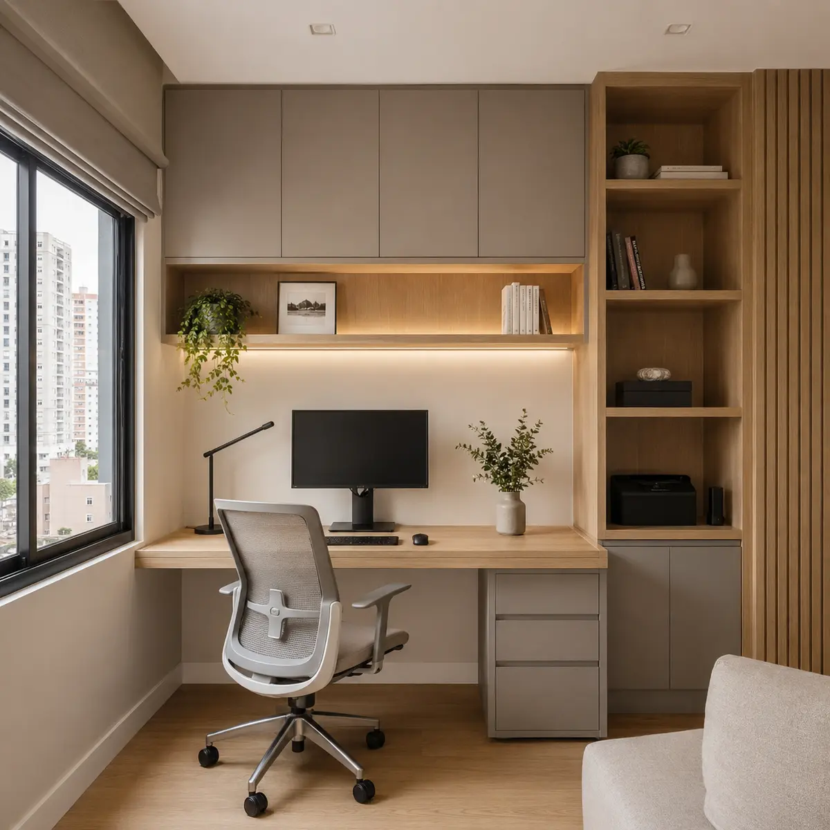 Home office com bancada e armários planejados