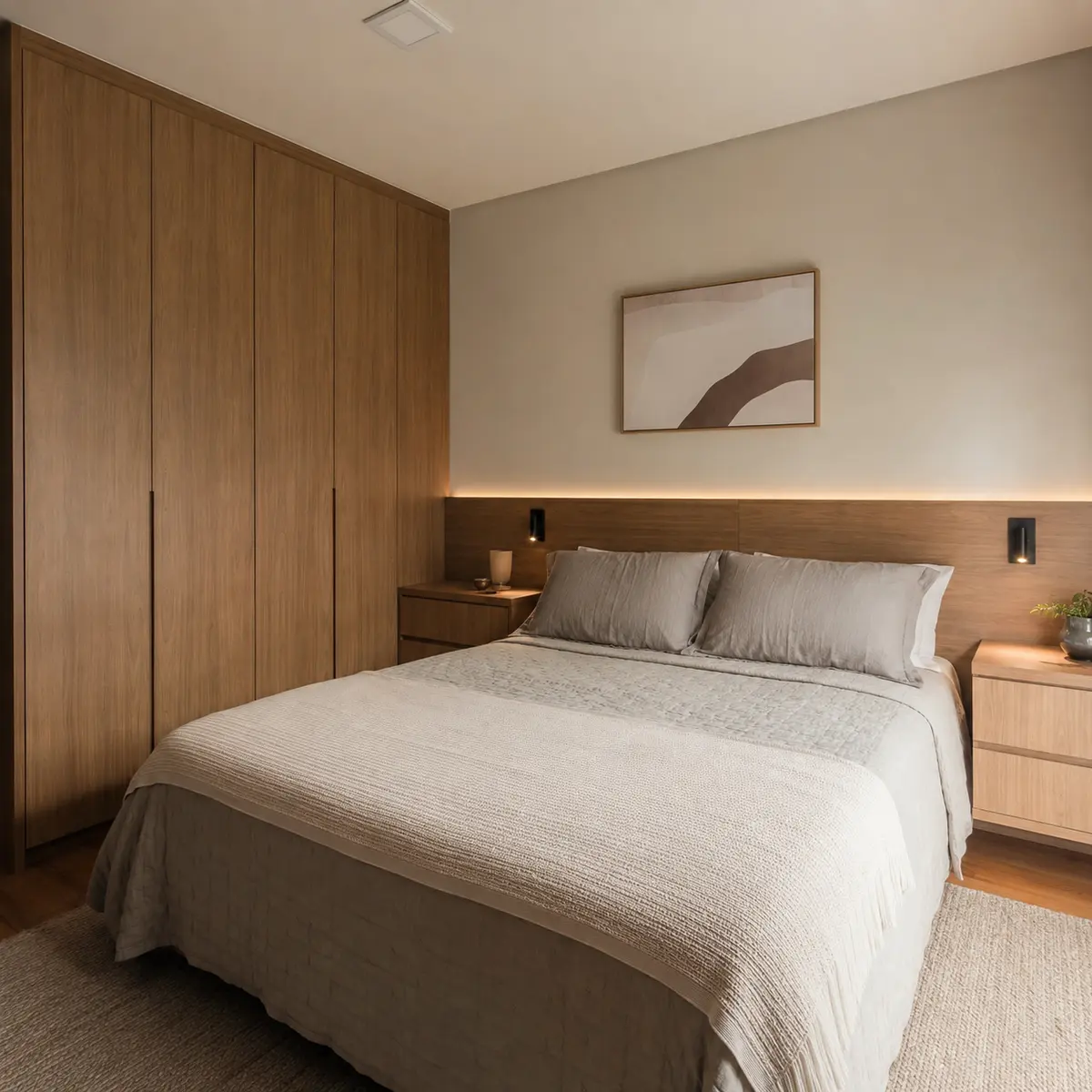 Quarto com guarda-roupa e cabeceira planejados