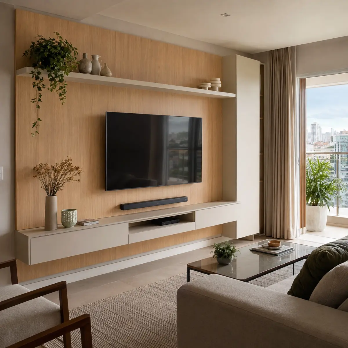 Sala com painel e rack planejados